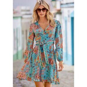 Boston Proper Beach Paisley Embellished Printed Wrap Dress xs